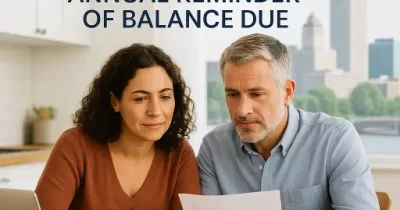 Middle-aged couple reviewing IRS Notice CP71D at kitchen table with laptop while discussing tax relief options with a Cedar Rapids CPA.