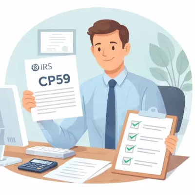 IRS Notice CP59 tax relief guidance from a Cedar Rapids CPA, showing CP59 notice and a step-by-step checklist.