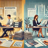 DALL·E 2024-07-03 09.02.18 - An engaging image for an article titled 'Is a bookkeeper the same thing as an accountant (CPA)_'. The image should be split into
