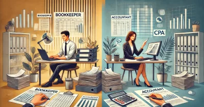 DALL·E 2024-07-03 09.02.18 - An engaging image for an article titled 'Is a bookkeeper the same thing as an accountant (CPA)_'. The image should be split into