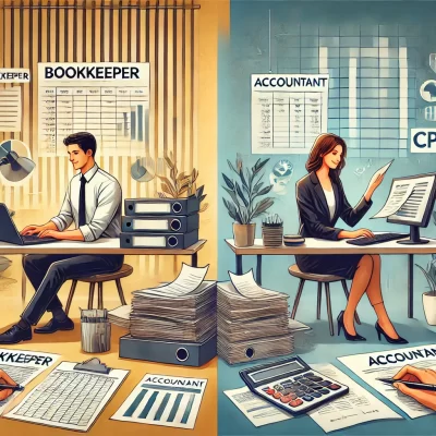 DALL·E 2024-07-03 09.02.18 - An engaging image for an article titled 'Is a bookkeeper the same thing as an accountant (CPA)_'. The image should be split into