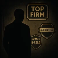 Shadowy silhouette looking at glowing “Top Firm,” “Accredited,” and “5-Star” badges, symbolizing the dark side of fake awards when choosing an accounting firm.