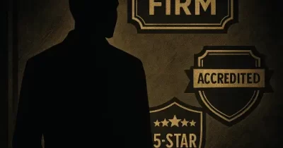 Shadowy silhouette looking at glowing “Top Firm,” “Accredited,” and “5-Star” badges, symbolizing the dark side of fake awards when choosing an accounting firm.