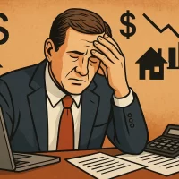 Business owner reviewing financial documents with concerned expression while calculator and tax forms sit on desk