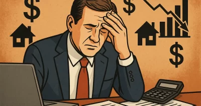 Business owner reviewing financial documents with concerned expression while calculator and tax forms sit on desk