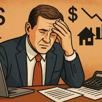 Business owner reviewing financial documents with concerned expression while calculator and tax forms sit on desk