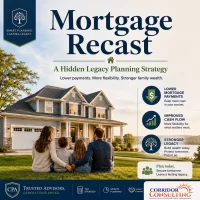 Mortgage recast legacy planning graphic showing a family in front of a home with Corridor Consulting CPAs branding and benefits of lower payments, improved cash flow, and stronger family wealth.