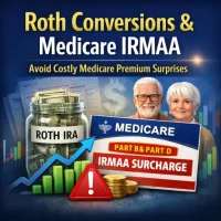 Roth conversions and Medicare IRMAA graphic showing a Roth IRA jar, Medicare Part B & Part D IRMAA surcharge card, upward chart, and warning icon.