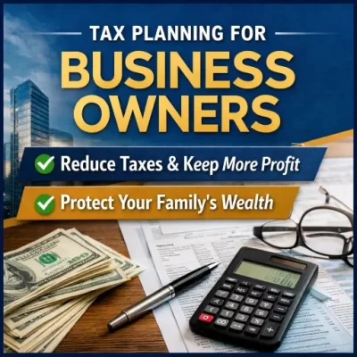 Tax planning for business owners graphic with city skyline, tax forms, calculator, cash, and text “Reduce Taxes & Keep More Profit” and “Protect Your Family’s Wealth.”