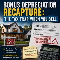 Illustration of a rental property, tax documents, calculator, and warning symbol representing bonus depreciation recapture when selling real estate.