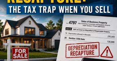Illustration of a rental property, tax documents, calculator, and warning symbol representing bonus depreciation recapture when selling real estate.