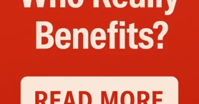 Graphic asking who really benefits from Trump Accounts and the Dell gift, highlighting billionaire tax breaks versus parents saving for kids.