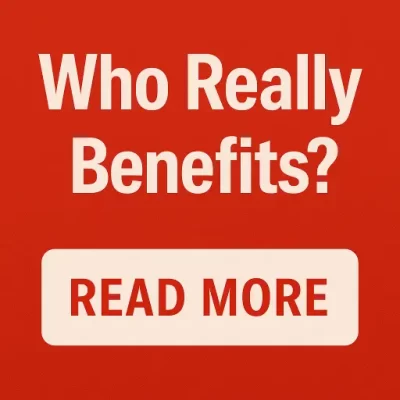 Graphic asking who really benefits from Trump Accounts and the Dell gift, highlighting billionaire tax breaks versus parents saving for kids.