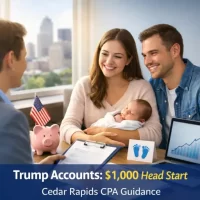 Trump Accounts tax relief guidance with Cedar Rapids CPA helping parents understand the $1,000 child account