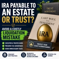 IRA payable to an estate or trust with inherited IRA, will, and trust documents illustrating how executors may avoid a costly liquidation mistake