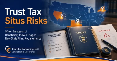 Trust tax situs risks graphic showing a U.S. map, interstate trustee and beneficiary moves, trust documents, and state tax filing requirements.