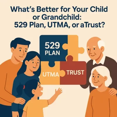 Illustration of parents and grandparents comparing 529 plan, UTMA, and trust options to save for a child’s future education and goals.