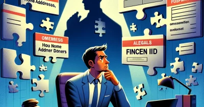Puzzled business owner solving CTA BOI jigsaw puzzle in office, with gavel shadow symbolizing legal consequences