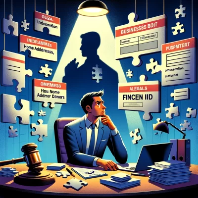 Puzzled business owner solving CTA BOI jigsaw puzzle in office, with gavel shadow symbolizing legal consequences